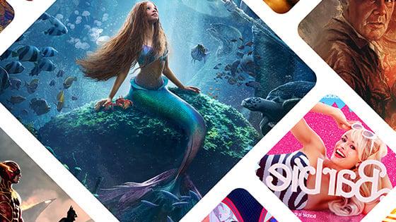 2023年夏季电影的马赛克图像, 包括《小美人鱼》,’ ‘Barbie,以及《夺宝奇兵:命运之盘》.'